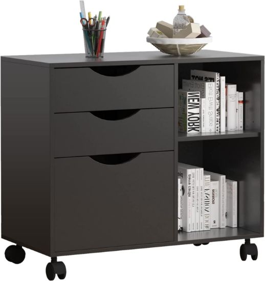Picture of  [ 3 Drawer File Cabinet with Open Storage Shelves Black ]